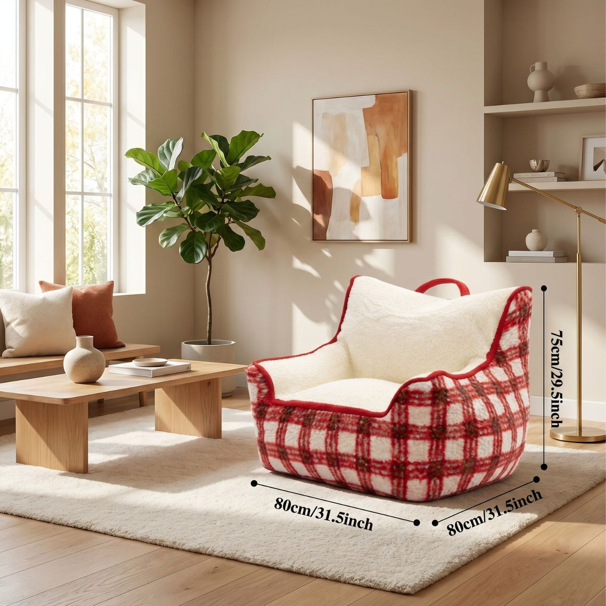 Pouf Fauteuil Polaire Rouge Carreaux Hivernal
