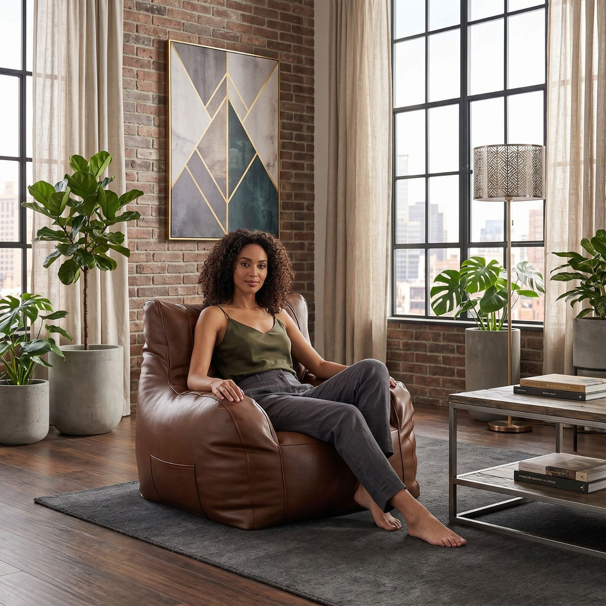 Pouf Fauteuil Lounge Brun Simili Cuir Vide
