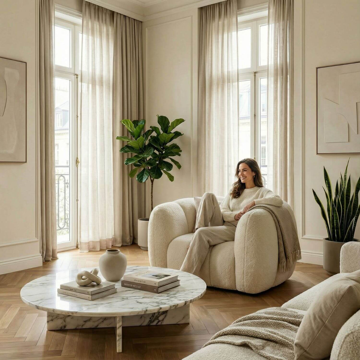Pouf Bouclette Beige Confortable & Tendance