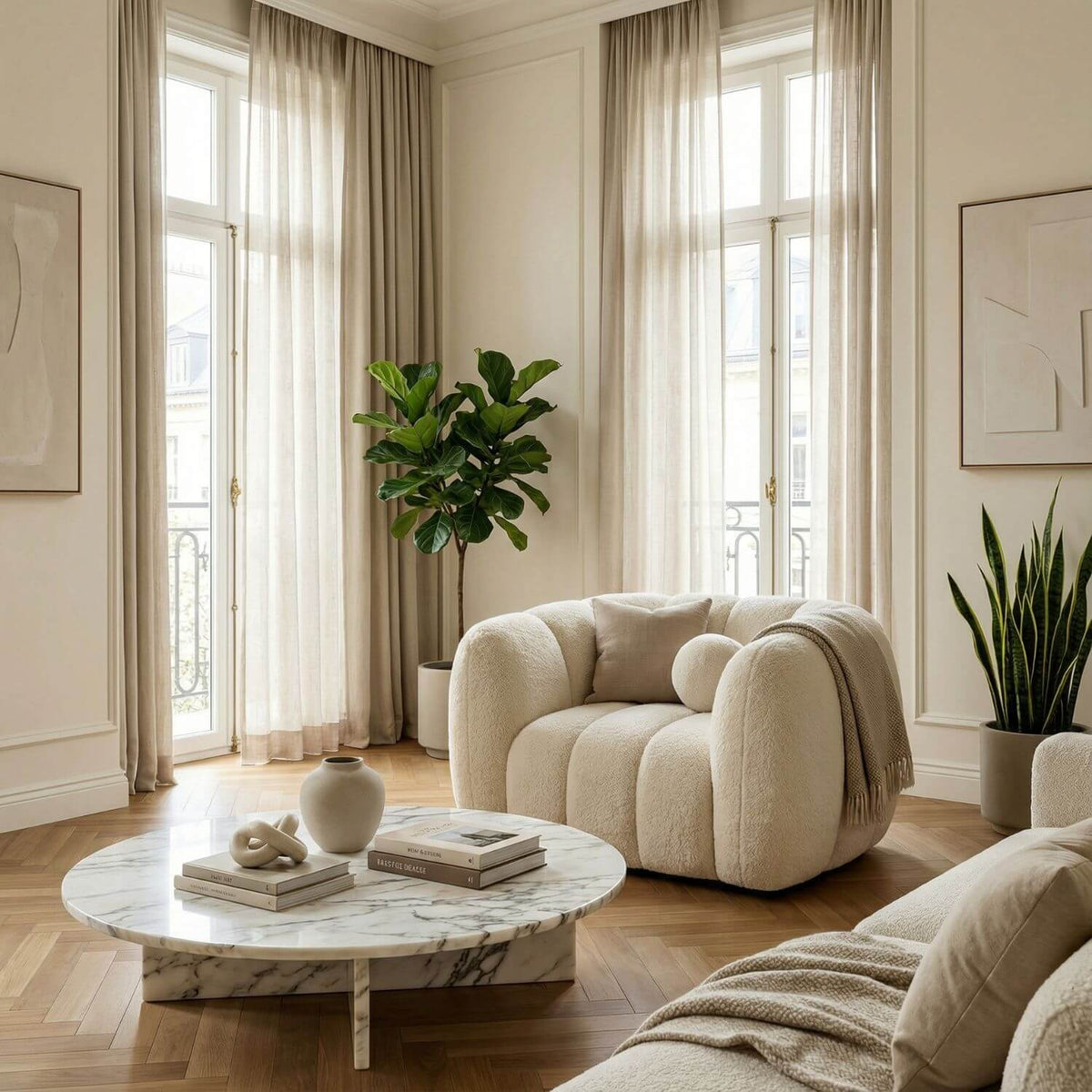 Pouf Bouclette Beige Confortable & Tendance