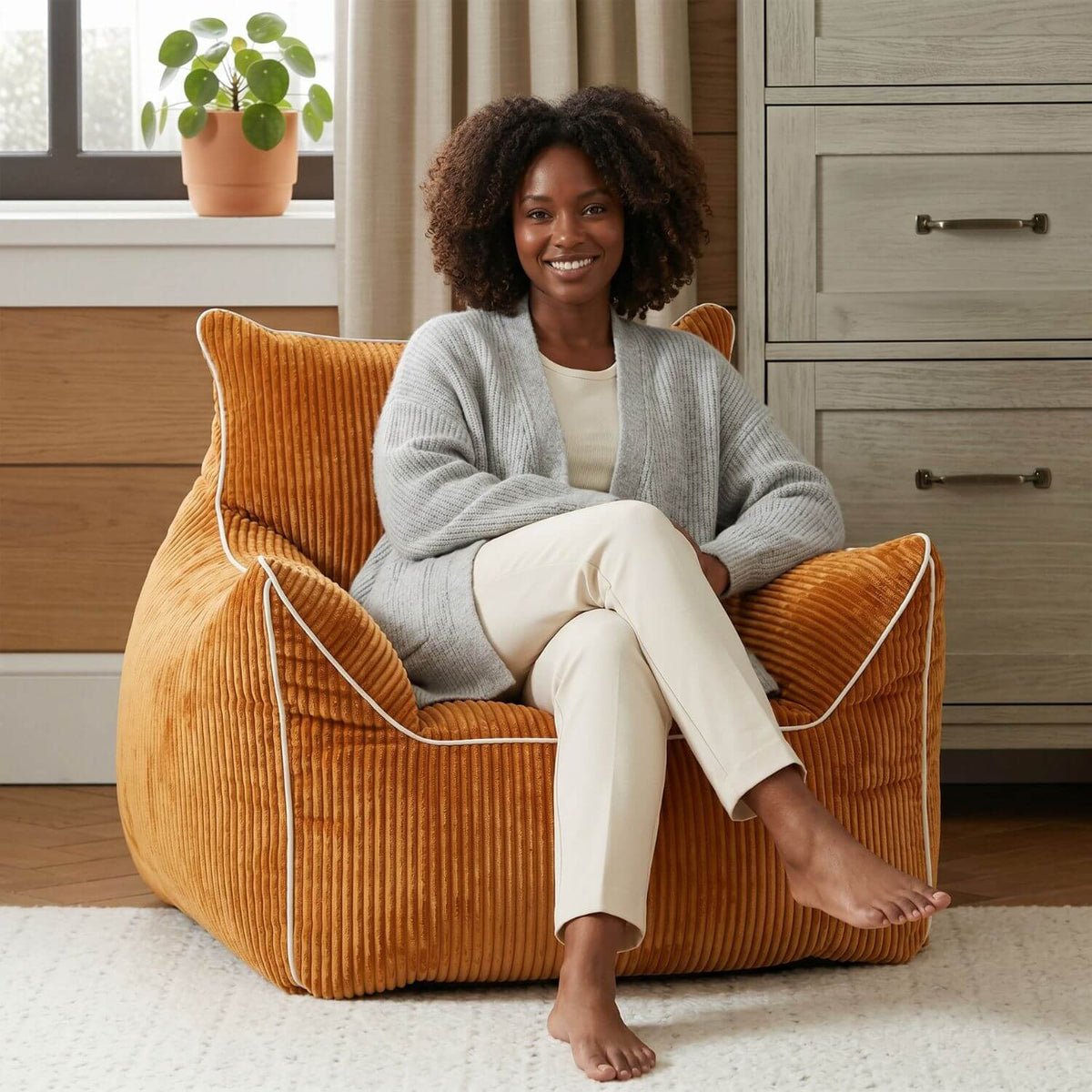 Pouf Fauteuil Rond Velours Côtelé NESTA Orange