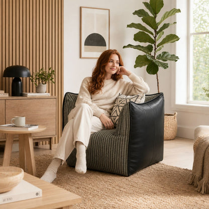 Pouf Lounge NESTA Lin & Simili Cuir - Marron ou Noir