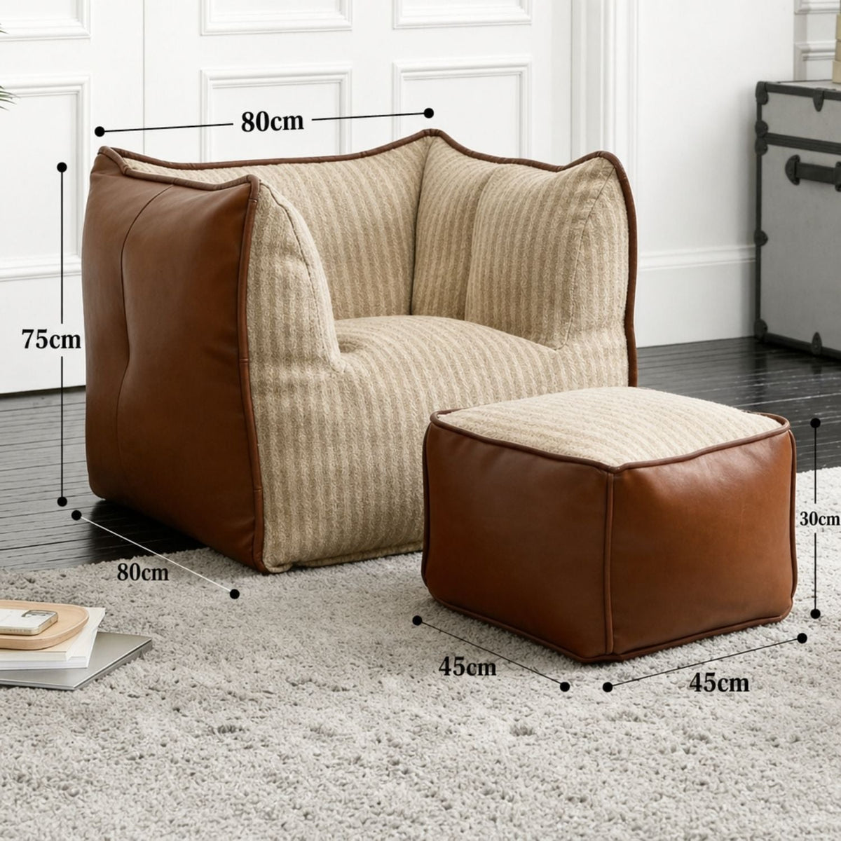 Pouf Lounge NESTA Lin & Simili Cuir - Marron ou Noir
