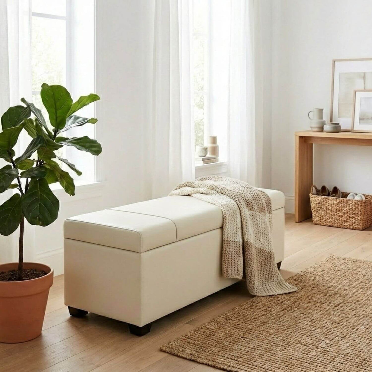 Pouf Coffre Rectangulaire en Cuir - Rangement & Design