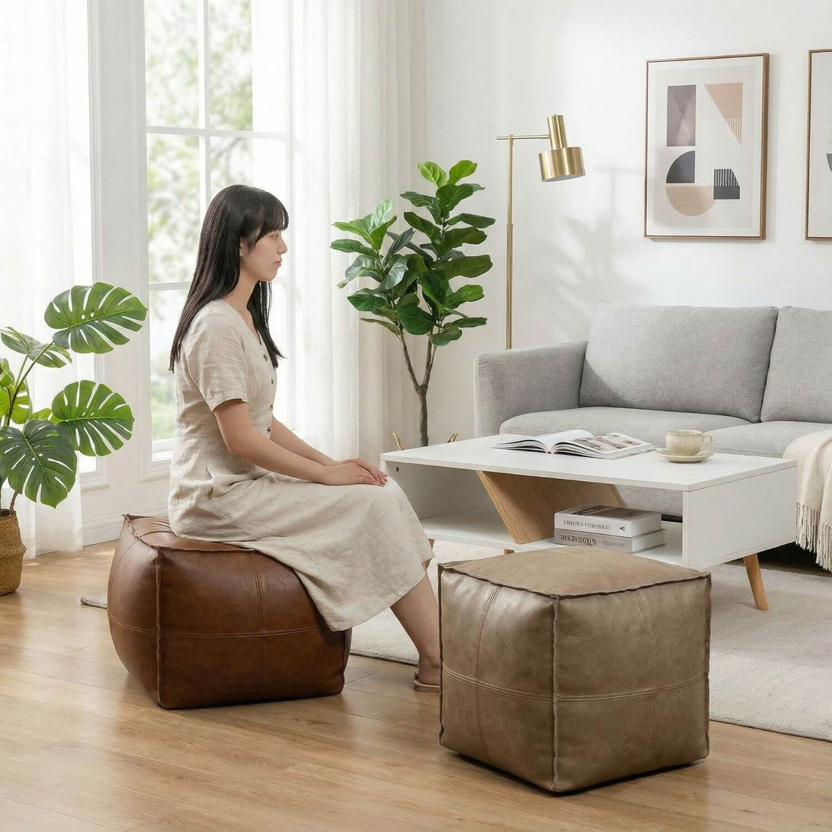 Pouf Cube Cuir Marocain Repose-Pied Design