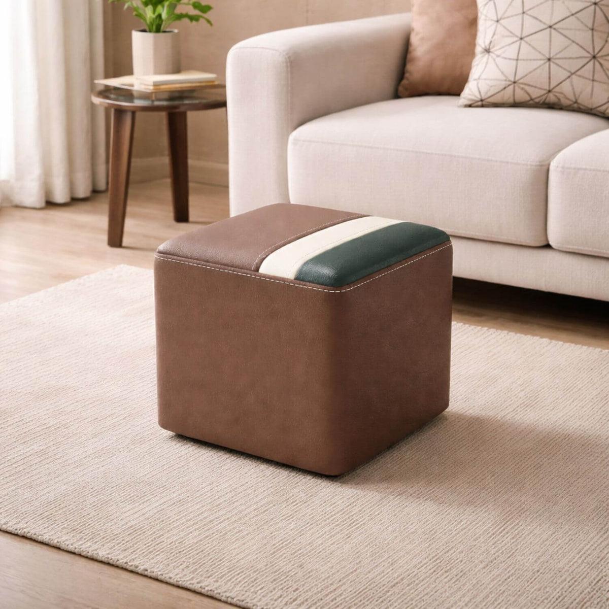 Pouf Tabouret Carré Cuir Vachette Ciré Design Contemporain