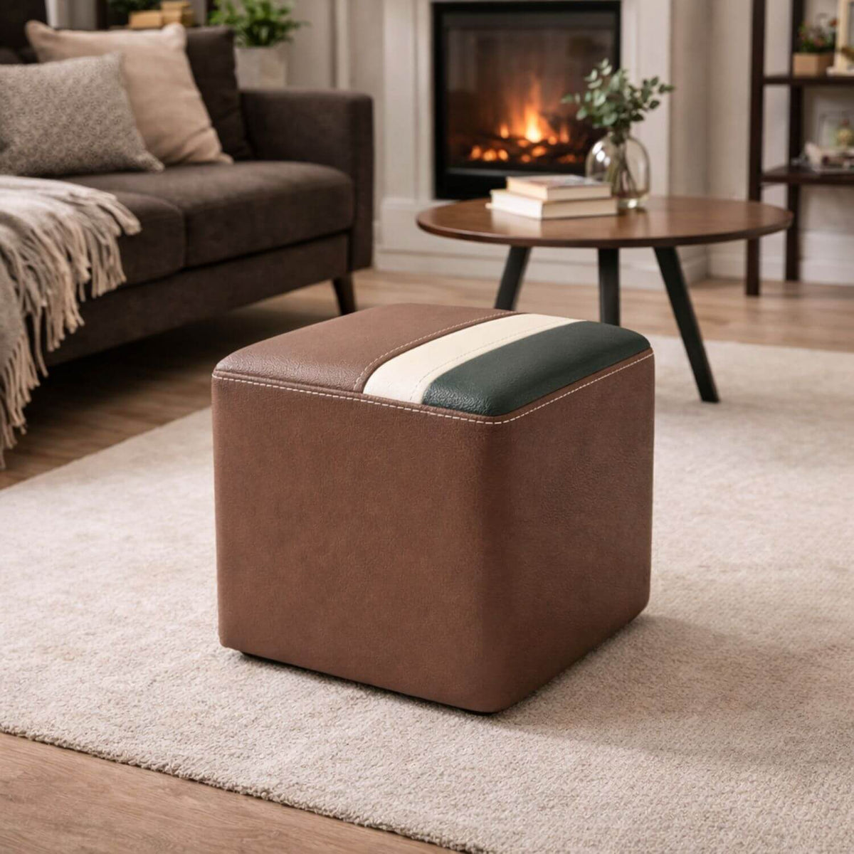 Pouf Tabouret Carré Cuir Vachette Ciré Design Contemporain